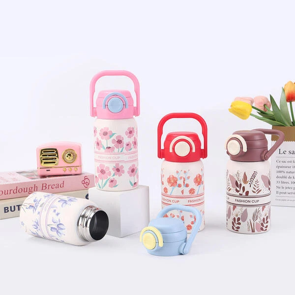 Kids Stainless Steel Insulated Water Bottle with Handle & Flip Straw Lid – Floral Design