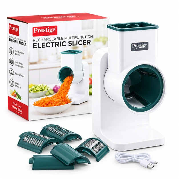 Prestige Rechargeable Electric Vegetable Slicer & Grater – Multifunctional Kitchen Cutter with 4 Blades
