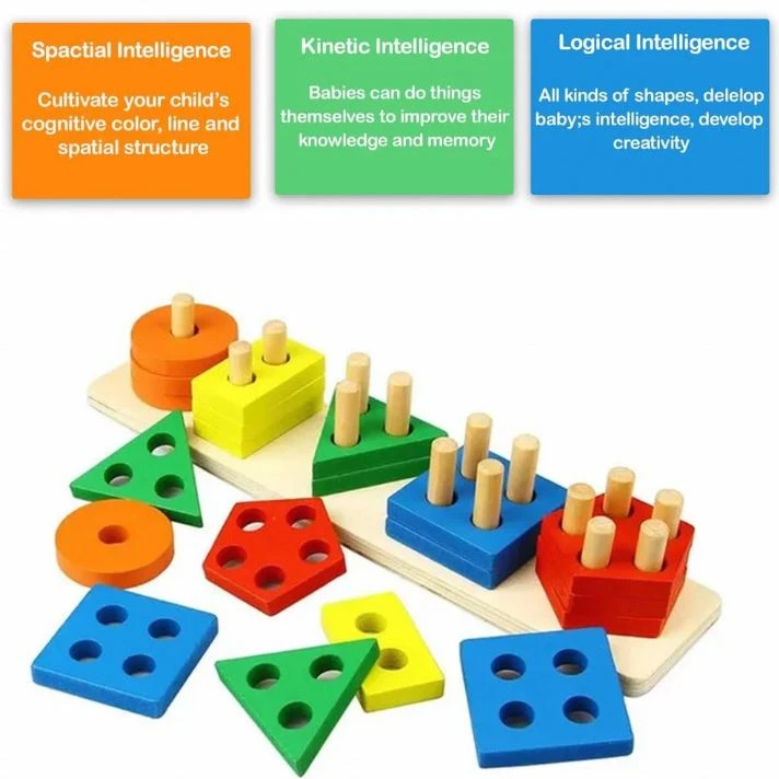 Wooden Colorful Shape Sorting and Stacking Board